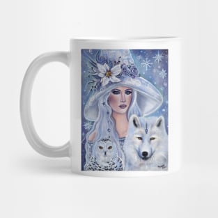 White witch with wolf and owl art by Renee Lavoie Mug